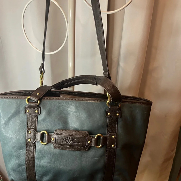 Stone Mountain Large Leather Shoulder Bag Green with brown Trim - Picture 8 of 11